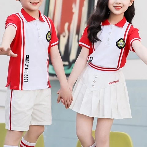 New style color block polo shirt single breasted pleated skirt customized kids primary school uniforms