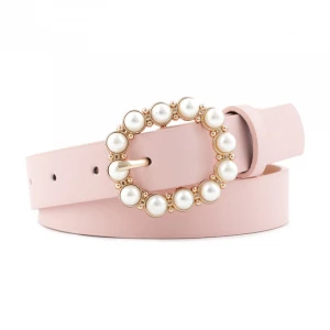 New Style Fashion All-match Pin Buckle Leather Belt Ladies Pearl Buckle Belt Women Thin Belt 6 Colors