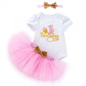 One Years Birthday Baby Clothing Sets Baby Tshirt Jumpsuit Outfits Clothes Lace Skirt Baby Girls Romper Suit