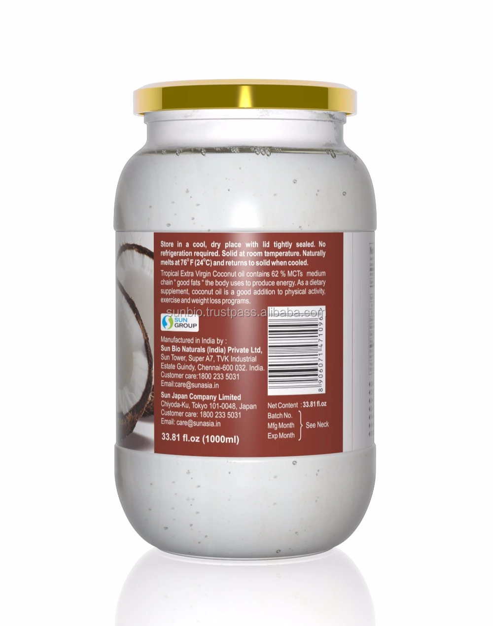 Organic Extra Virgin Coconut Oil - 1000 ml Glass jar