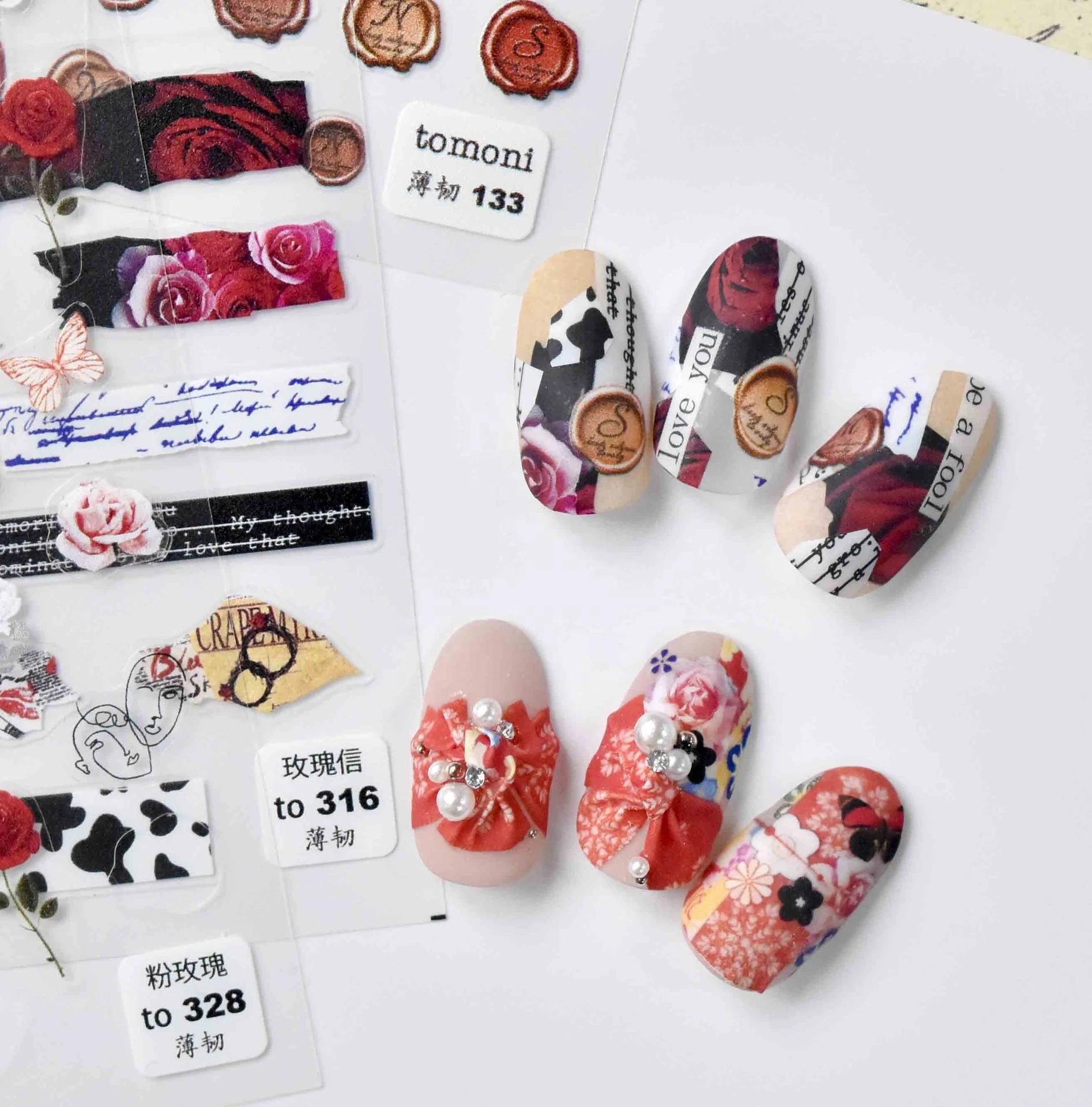 Paso Sico 2021 Thin Retro Multi Designs Rose Flower 5D Japanese Butterfly Lady Paper Nail Art Decor Sticker Manicure Foils