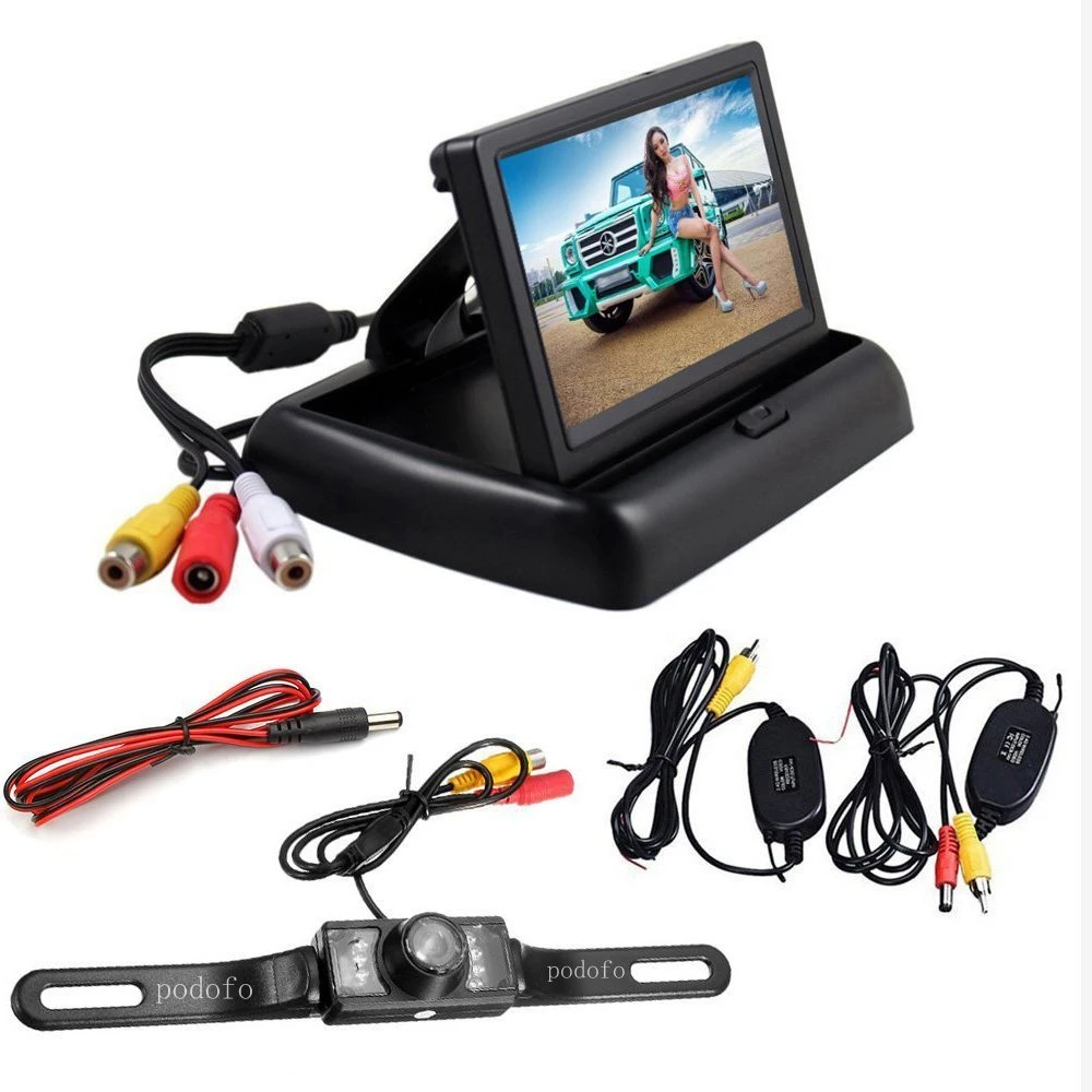 Podofo 4.3" Foldable Car TFT LCD Monitor Wireless with Backup Camera License Plate Reverse Rear View Reversing System Set