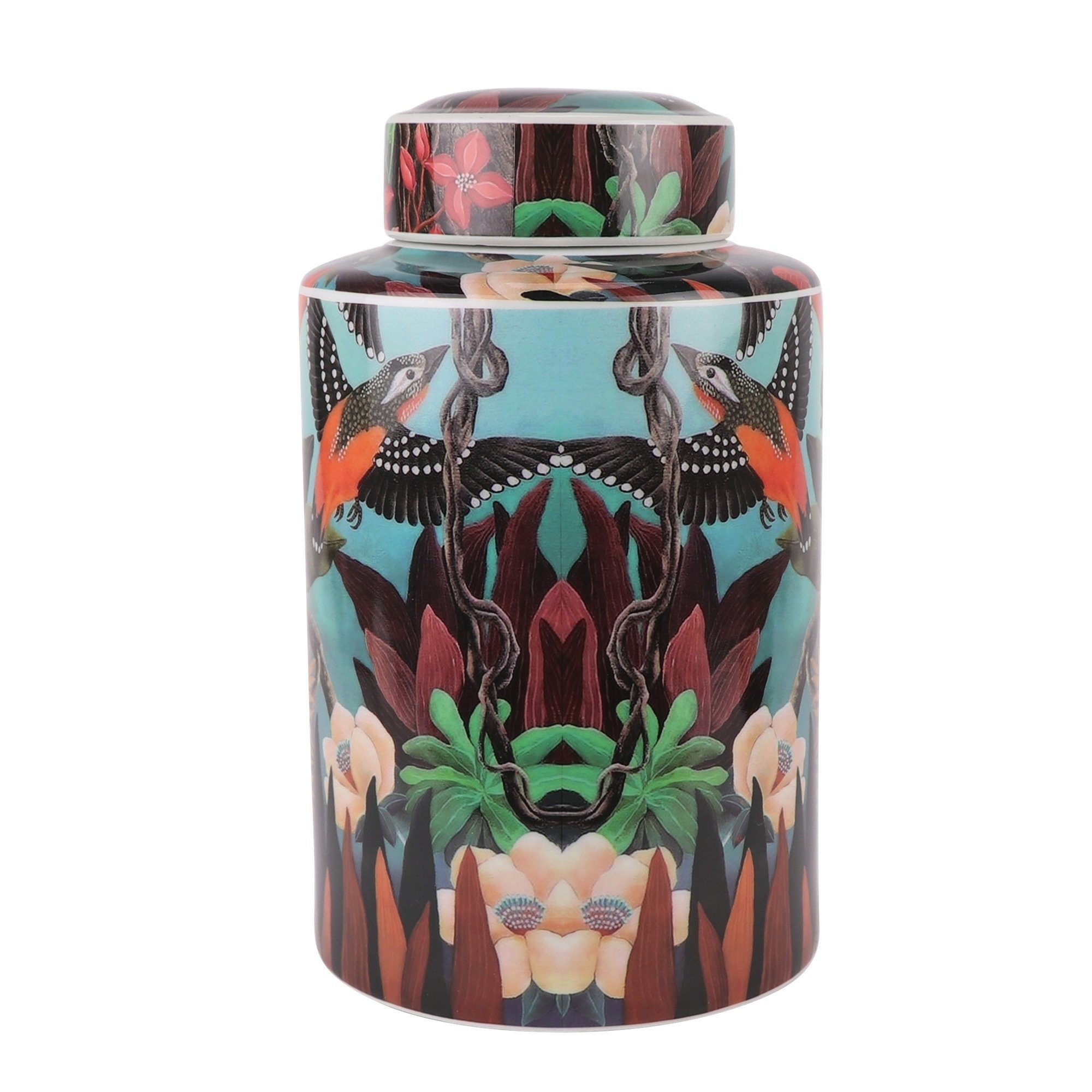 Porcelain Storage Holder Straight Tube Colorful Flower and Bird Pattern Ceramic Pot Medium Round Jar
