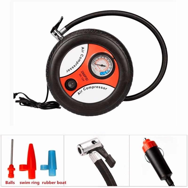 Portable Mini Car Inflatable Pump Air Compressor Tire Auto Tire Pump Electric Inflating Machine DC12V with Nozzle Adapter 260PSI