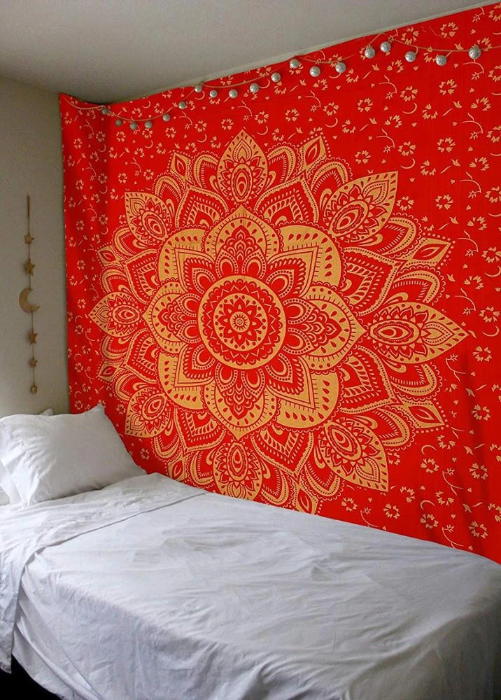 Red Gold Ombre Hippie Bohemian Horoscope Zodiac Mandala Wall Hanging Tapestry Blue Twin Size Meditation Psychedelic Tapestry