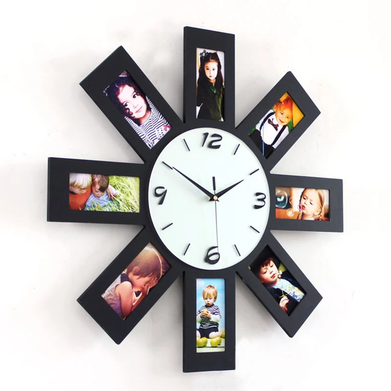 Round Family Wood Wall Clock With Photo Frame  Wall Mounted Decoration