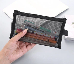 School and Office Supplies Wholesale Simple Black White Mesh Nylon Net Visible Pencil Case Zipper Pouch Bag
