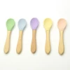 Silicone Baby Feeding Soup Spoon For Kids With Wood Handle