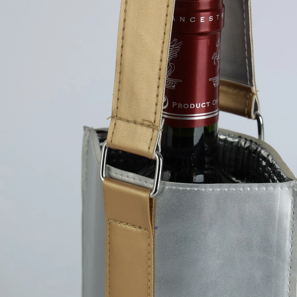 Silver PU leather Thermal Insulated Wine Carrier Bag Gift Bottle Holder Pouch Blank Single Wine Cooler Holder