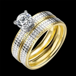 SJTGR041 Luxury Jewelry Set Titanium Steel Yellow Gold Plating Women Prong Setting Cubic Zirconia Women Wedding Ring Set
