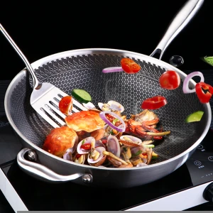 SSGP Kitchen Fry 3 Ply Stainless Steel Frying Pans Round Bottom Wok Honeycomb Pan With Lid