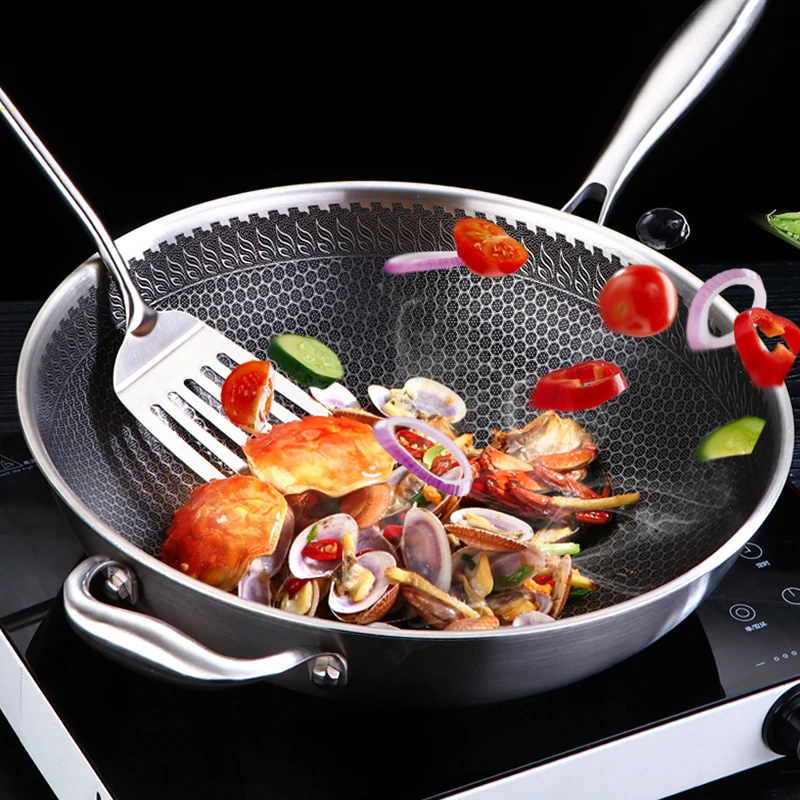 SSGP Kitchen Fry 3 Ply Stainless Steel Frying Pans Round Bottom Wok Honeycomb Pan With Lid