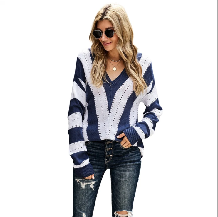 Sweater Women Europe And America Autumn And Winter New Style Striped Contrast Long-Sleeved Deep V-neck Knitted Sweater Women