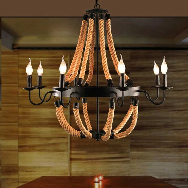 Vintage hemp rope lamps hotel bedroom/wedding decoration E14 candle chandeliers