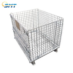warehouse bulk collapsible rigid steel metal folding stackable wire mesh storage pallet cages with wooden pallet