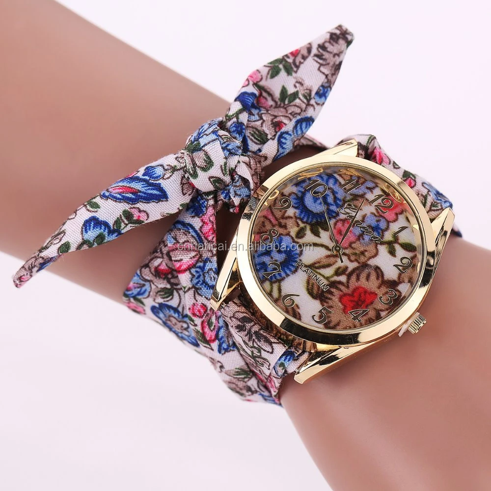 Watch Women Vintage Floral Printed Fabric Cloth Strap Ladies Bracelet Watches Analog Quartz Wrist Watch Relogio Feminino