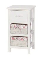 White wooden storage cabinet with drawer and rattan basket