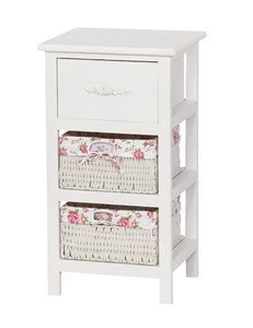 White wooden storage cabinet with drawer and rattan basket