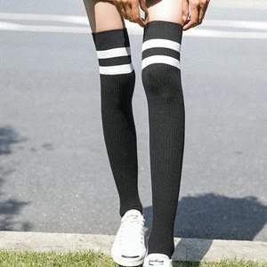 wholesale 100% cotton korean college style women thigh high stockings 2018 new design white stripe long stockings for girls knee