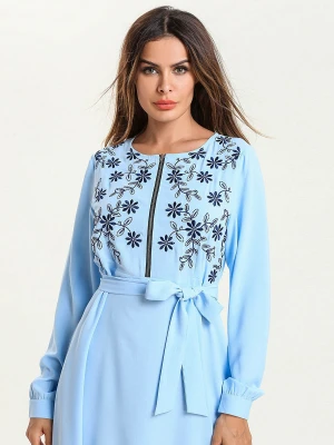 Wholesale islamic clothing dubai fashion round collar blue long abaya muslim maxi dress