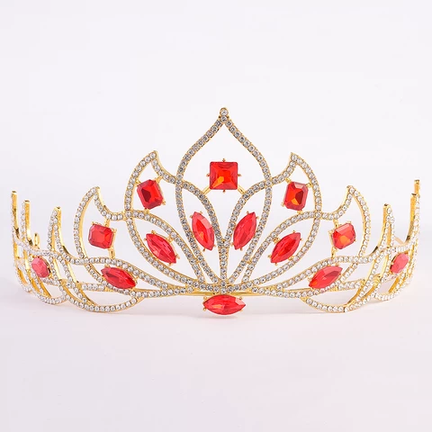 Wholesale Queen Crown Tiaras Bride Dress Accessories Alloy Gold Plated Royal Blue Red Green Rhinestones Pageant  Tiara Crown