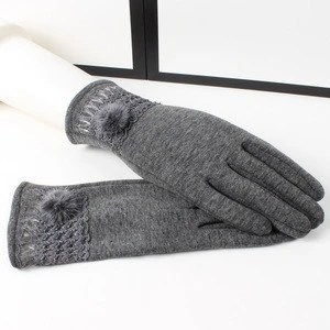 Wholesale warm high quality thick fashion cute touchscreen hairballs wool gloves