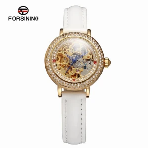 WJ-7644-1 Ms. FORSINING Fully Hollow Automatic Mechanical Watch Gold Shell Leather Belt Mechanical Watch