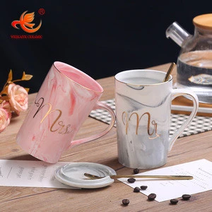 WKTM025 Wholesale Custom printed porcelain calacata grey pink marble mr and mrs ceramic coffee cup gift mug with lid and spoon