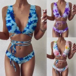 Womens Bandage Pit Strip Cut Flower Split Swimsuit Sexy Tie-Dye Bikini