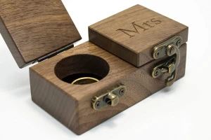 Wooden wedding ring bearing box. Mens and womens double ring box