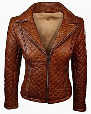 Women Quilted Sheepskin Fashion Leather Jacket Tan Brown