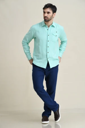 LINEN ROLL-UP SLEEVED SHIRT WITH CHEST POCKET-REGULAR FIT