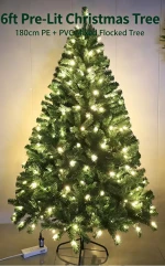 Artificial Christmas Tree 6FT 180cm Pre Lit PE PVC Mixed Branches Easy Setup