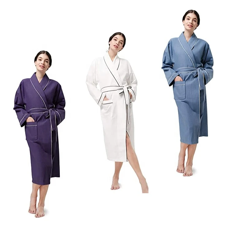 100% Cotton Waffle Robe Kimono and Lapel Spa Bath Robe Unisex Waffle Bathrobe Massage Robe