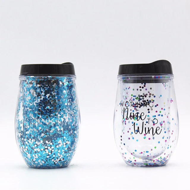 10oz Clear Double Wall Plastic Confetti Stemless Wine Tumbler Drinkware Mug Non Leak Acrylic Wine Glass Cups With Cap For Party