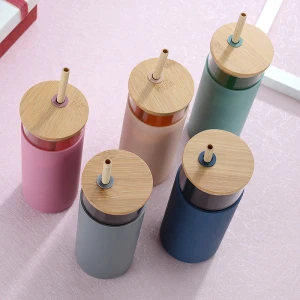 16oz Glass Drinking Tumbler Water Bottles with Silicone Sleeve Bamboo Lid Straw