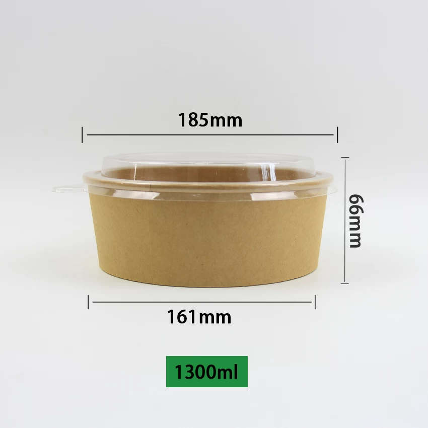 1300ml Large Capacity Disposable Biodegradable Brown Kraft Paper Salad Bowl With PET Lids