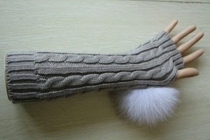 2017 NEW style fox fur hand warmer knitting muff/ long style knit fur pompon muff mittens gloves