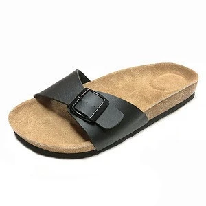 2019 Wholesale Summer Women Slippers, Ladies Beach Slide Sandals with leather insole cork midsole