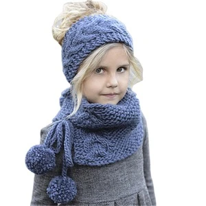 2020 New Children Girls Acrylic 2Pcs/Set Winter Knitted Hair band Hat Scarves Set with Pom pom
