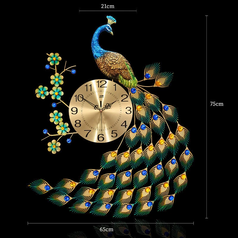 2020 New Year Gift European Style Fashion Classic Luminous Mute Gold Peacock Decorate Metal Wall Clock