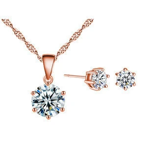 2020 wholesale fashion luxury women rose gold cz jewelry set colorful cubic zirconia stud earring necklace jewelry set