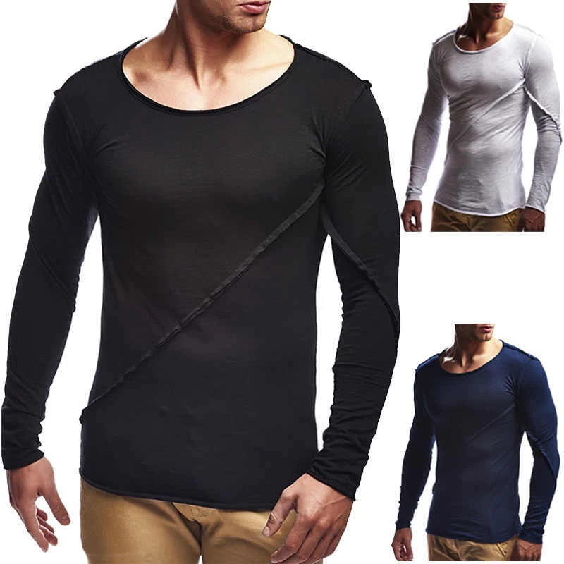 2021 Design Cotton and linen raw edge men t shirt Long sleeve Slim t-shirt