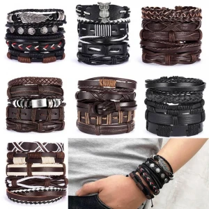 2021 New arrival fashion mens braided leather bracelet jewelry 5pcs/set Mens cross braided leather adjustable suit bracelet