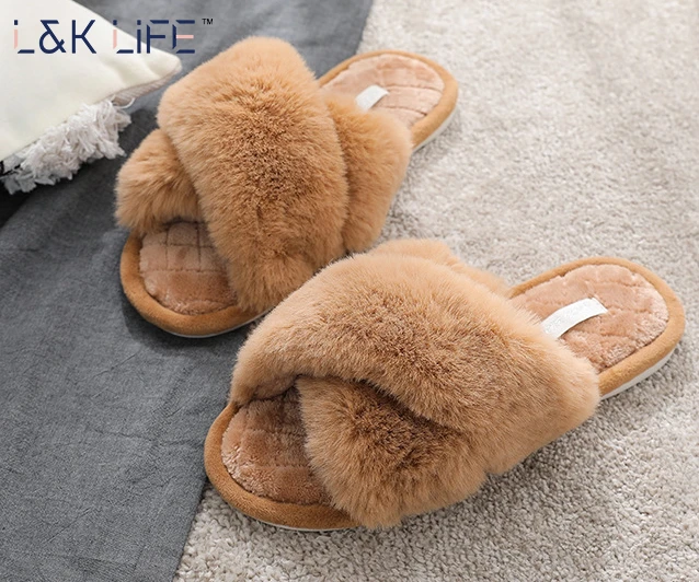 2021 new home couple plush slippers Amazon hot selling cross band warm non-slip open toe slippers