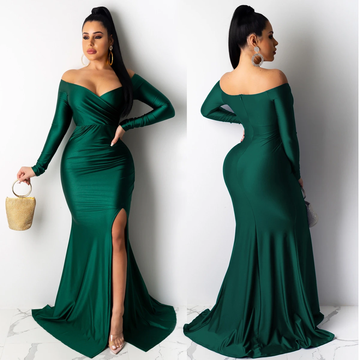 2021 Spring Long Sleeve One Shoulder Sexy Bodycon Formal Women&#x27;s Evening Dresses