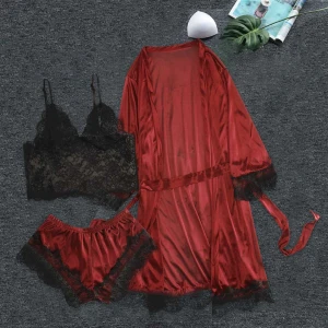 2021 Summer Stain Lace Sleepwear Bathrobe Women 3 Piece Loungewear Sets