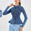 2024 New denim yoga zipper jacket high -necked French waist zip up plus size sports wearing fitness clothes women jackets