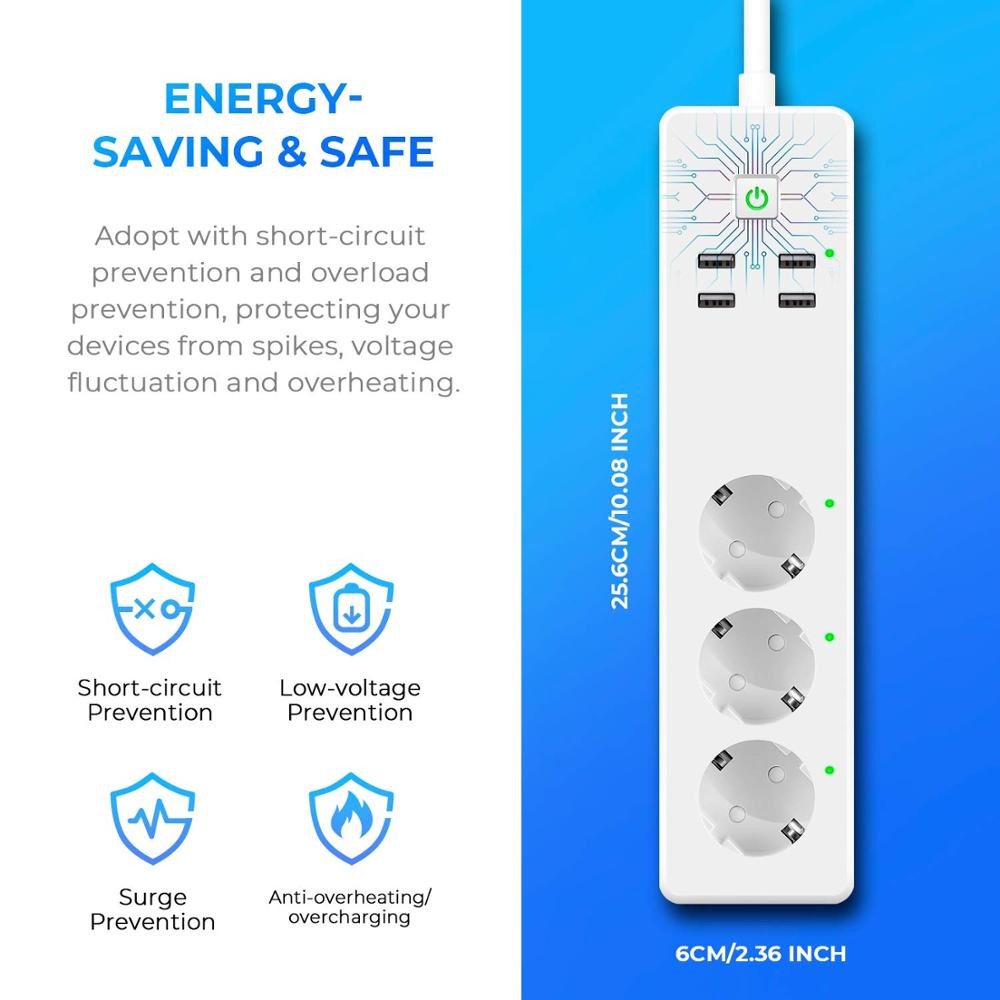 3 AC 4 USB WiFi smart Power Strip Socket with Over Charge Protection Voice Control App Remote Compatible with Alexa Google Play