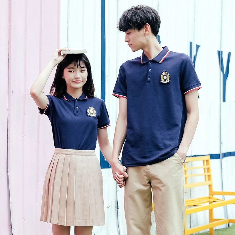 Adult Exquisite Short Sleeve Navy Blue Polo Shirt Uniforms Child High School Clothes Primary Preschool Students Uniform Design